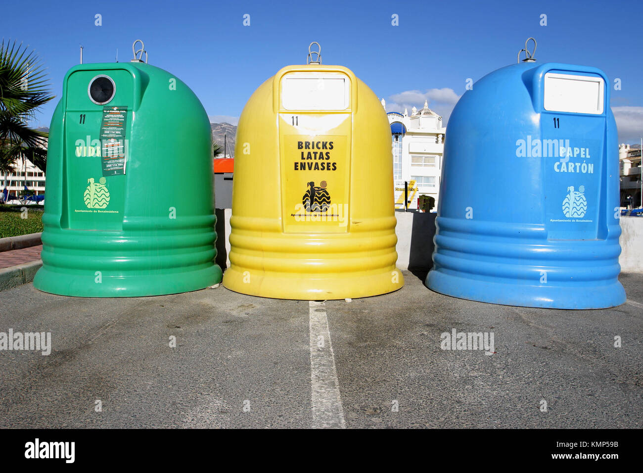 Collection bins for glass, tin and paper. Benalmádena. Costa del Sol