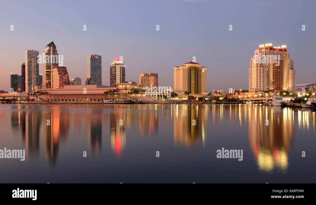 The skyline of the City of Tampa is reflected in the Hillsborough River. Stock Photo