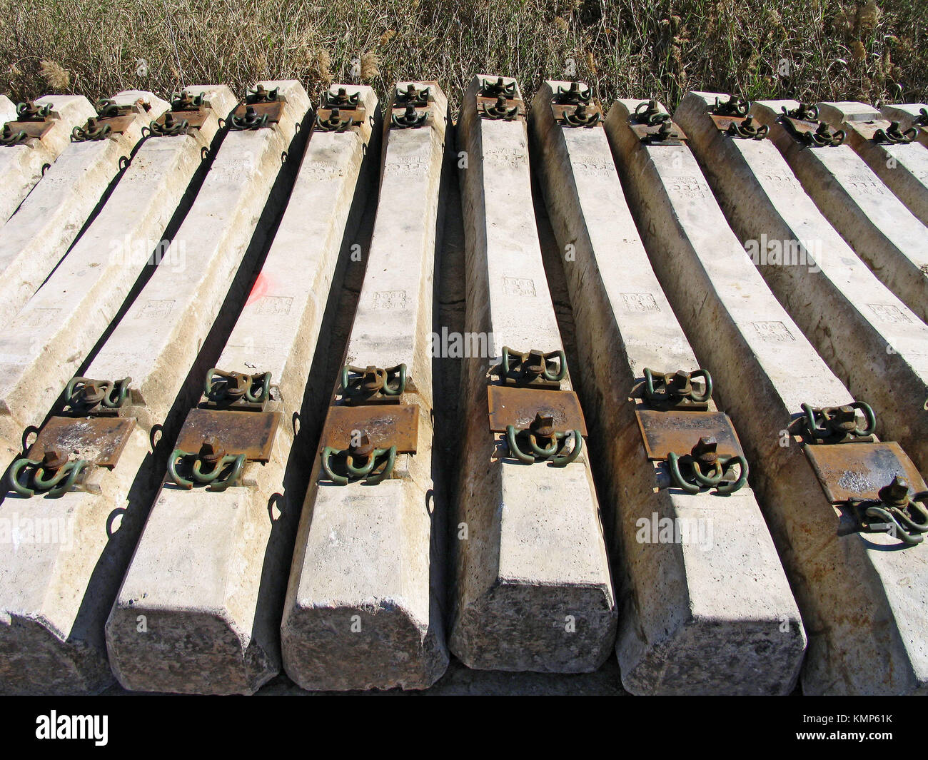 New railway sleepers awaiting use Stock Photo Alamy