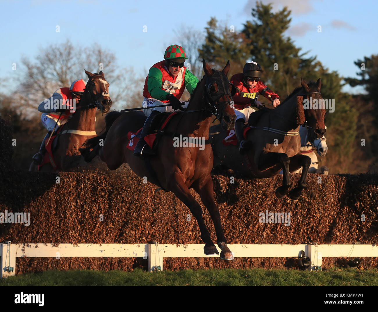 Workbench ridden by Harry Skelton wins the Tokio Marine Kiln Handicap Steeple Chase during day one of the Betfair Tingle Creek Christmas Festival at Sandown Park Racecourse. Stock Photo
