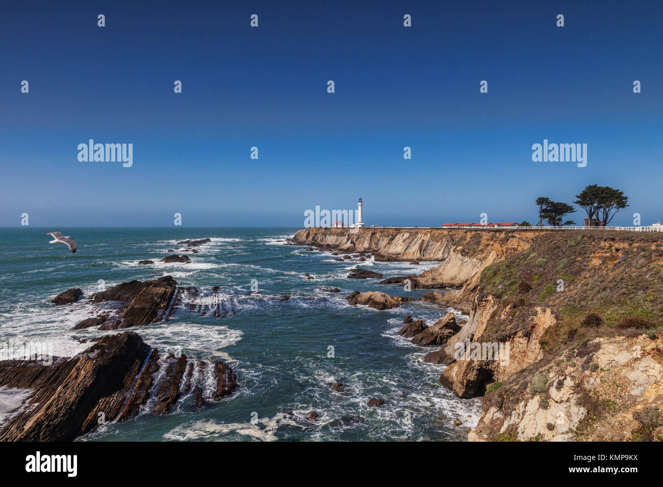 Point Arena and its lighthouse, in Mendocino County, California. Stock Photo