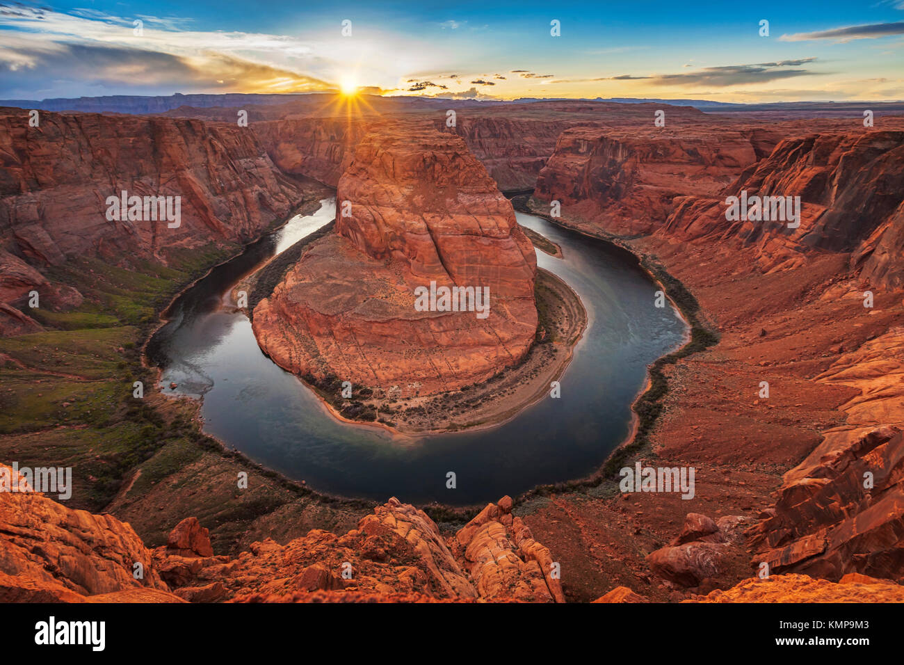 Horseshoe Bend, a meander of the Colorado River in the Glen Canyon area of Arizona, at sunset. Stock Photo