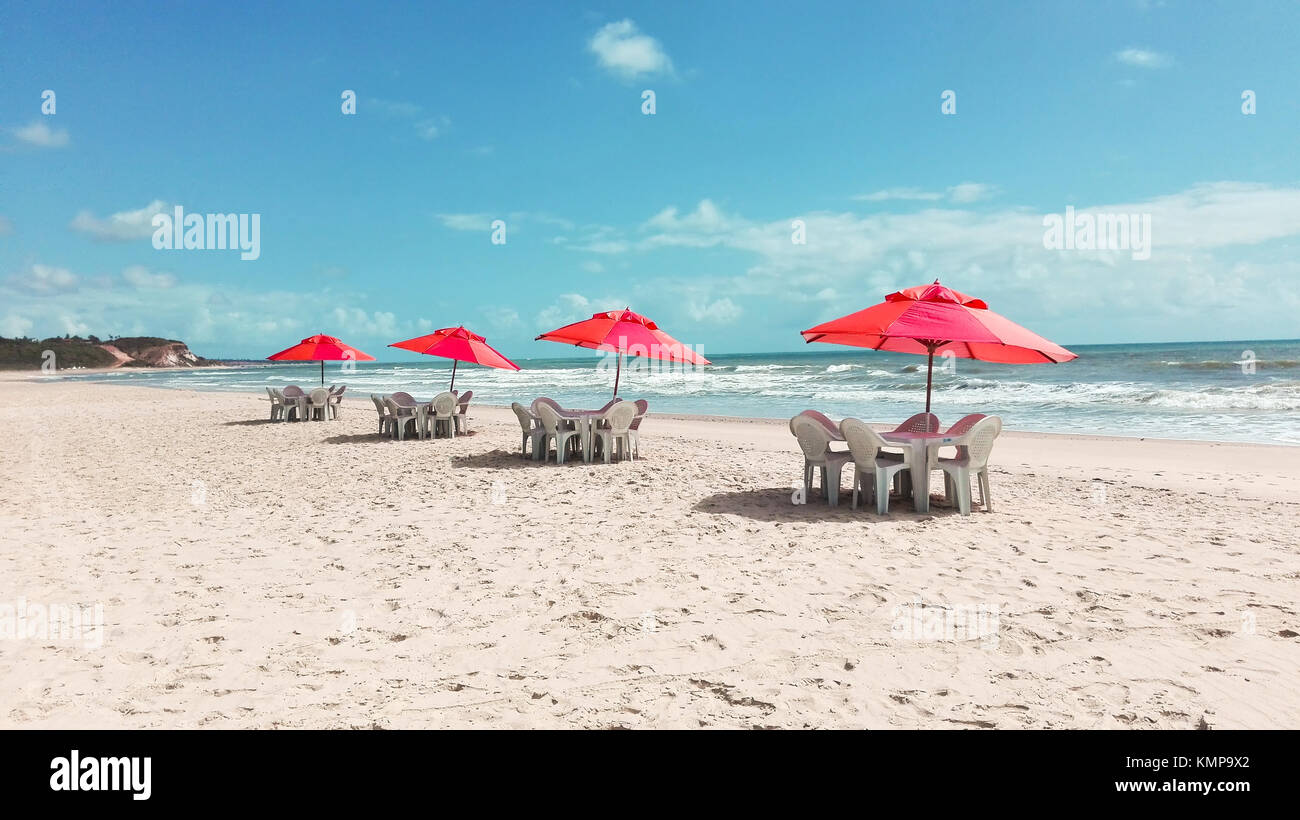Beautiful scenery with beach and umbrellas, a fantastic place to spend your holidays. Stock Photo
