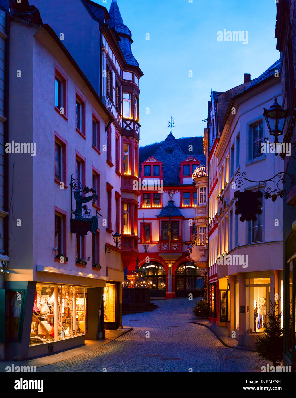 Old street  at dusk  in the historic center  of Bernkastel-Kues  (in   the background  Rathaus),  Rhineland-Palatinate, Germany. Stock Photo