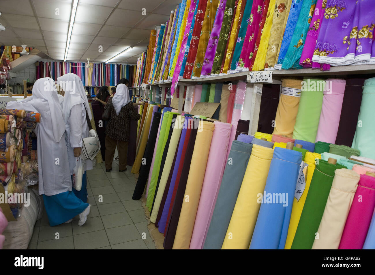 Fabrics shops in Chinatown, Kuching. Sarawak, Borneo. Malaysia Stock