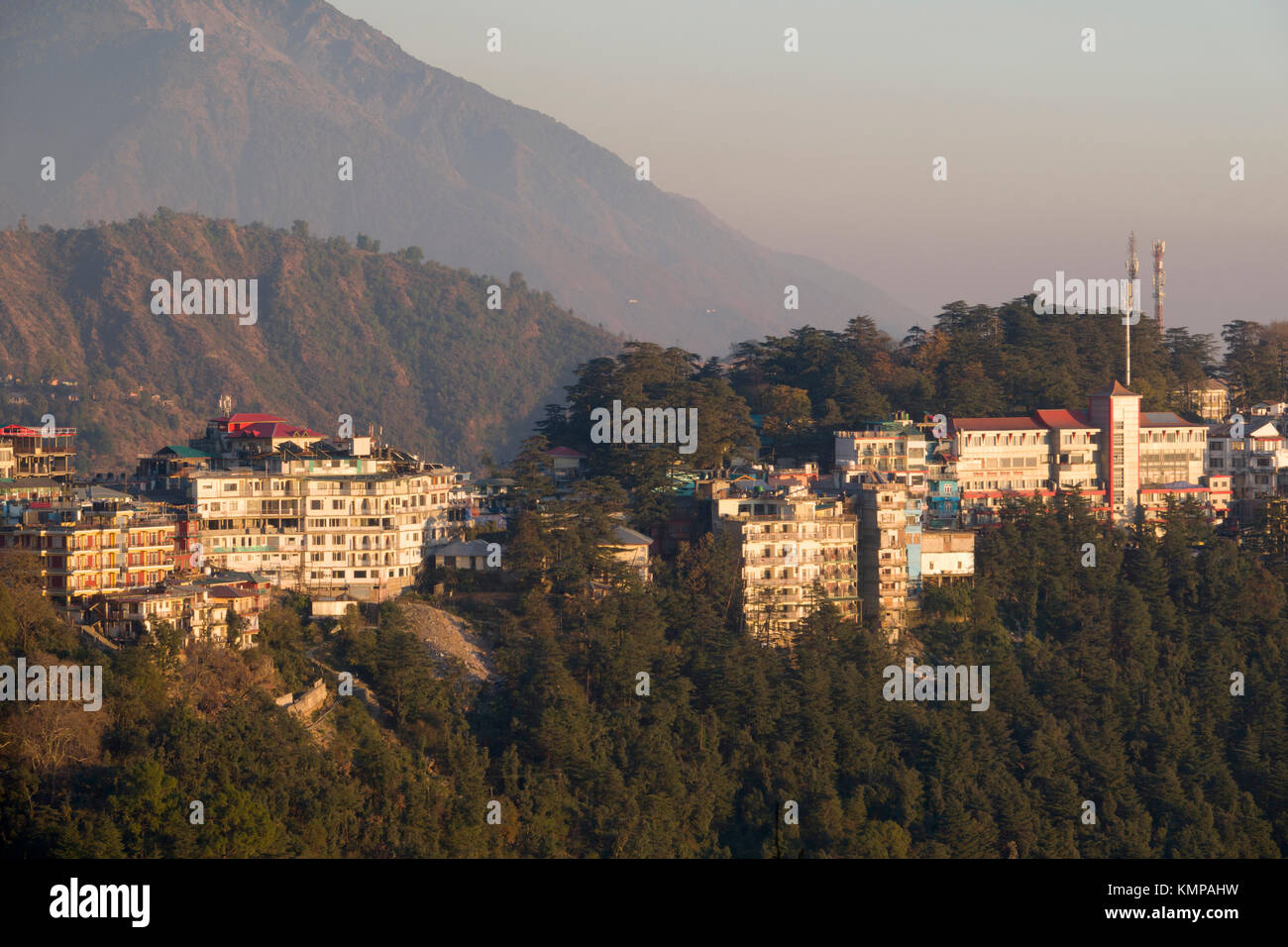 View of Mcleod Ganj in the mountains above Dharamshala, India Stock Photo