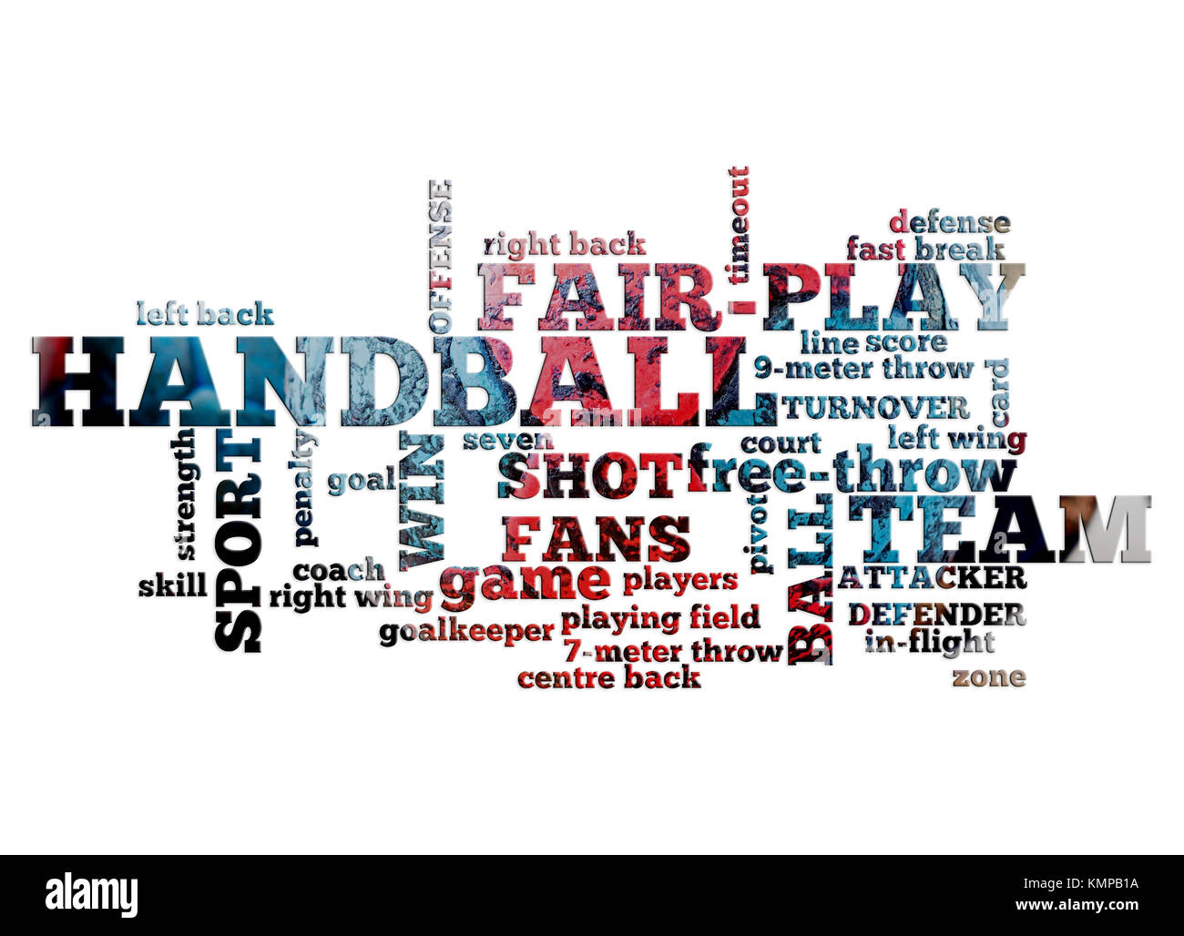 Handball related word cloud on white background with handball photo in the background Stock