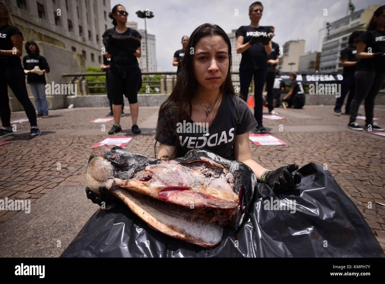 December 8, 2017 - SÃ¢O Paulo, SÃ£o Paulo, Brazil - SAO PAULO SP, SP 08/12/2017 PROTESTO SP: Ong VEDDAS (Ethical Vegetarianism, Defense of Animal Rights and Society) carries out an act of education for veganism. Activists have held bodies of fish, pigs and birds, among others. This happens on the eve of International Animal Rights Day. Pieces of pig, rat, fish and bird bodies were exhibited this Friday (8) at Viaduto do ChÃ¡ in SÃ£o Paulo in a demonstration held by animal rights defenders to report the mistreatment recorded on farms, slaughterhouses and laboratories. (Credit Image: © Cris Faga Stock Photo