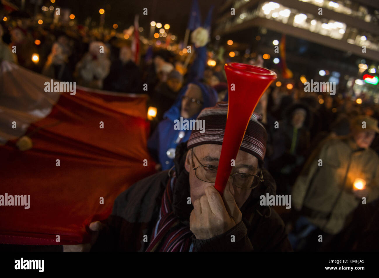 Krakow, Poland. 8th Dec, 2017. People seen gathering in front of Krakow Court to protest against the new judicial reforms. Today, The Polish parliament approved the government proposals to hand the ruling Law and Justice party (PiS) total control of judicial appointments and the supreme court. Credit: Omar Marques/SOPA/ZUMA Wire/Alamy Live News Stock Photo