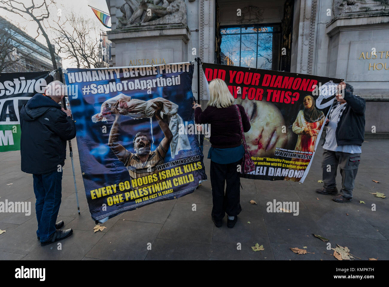 December 8, 2017 - London, UK. 8th December 2017. Inminds human rights group protest outside the Australian High Commission on the eve of the Kimberley Process Plenary Meeting in Brisbane, Australia, chaired by Australia. The vigil was to highlight the failure of the Kimberley Process in preventing the trade in blood diamonds that fund human rights violations around the world, in particular those by Israel in Palestine. Inminds say that the definition of blood diamonds should be widened to include cut and polished diamonds that are funding human rights violations around the world, in line with Stock Photo