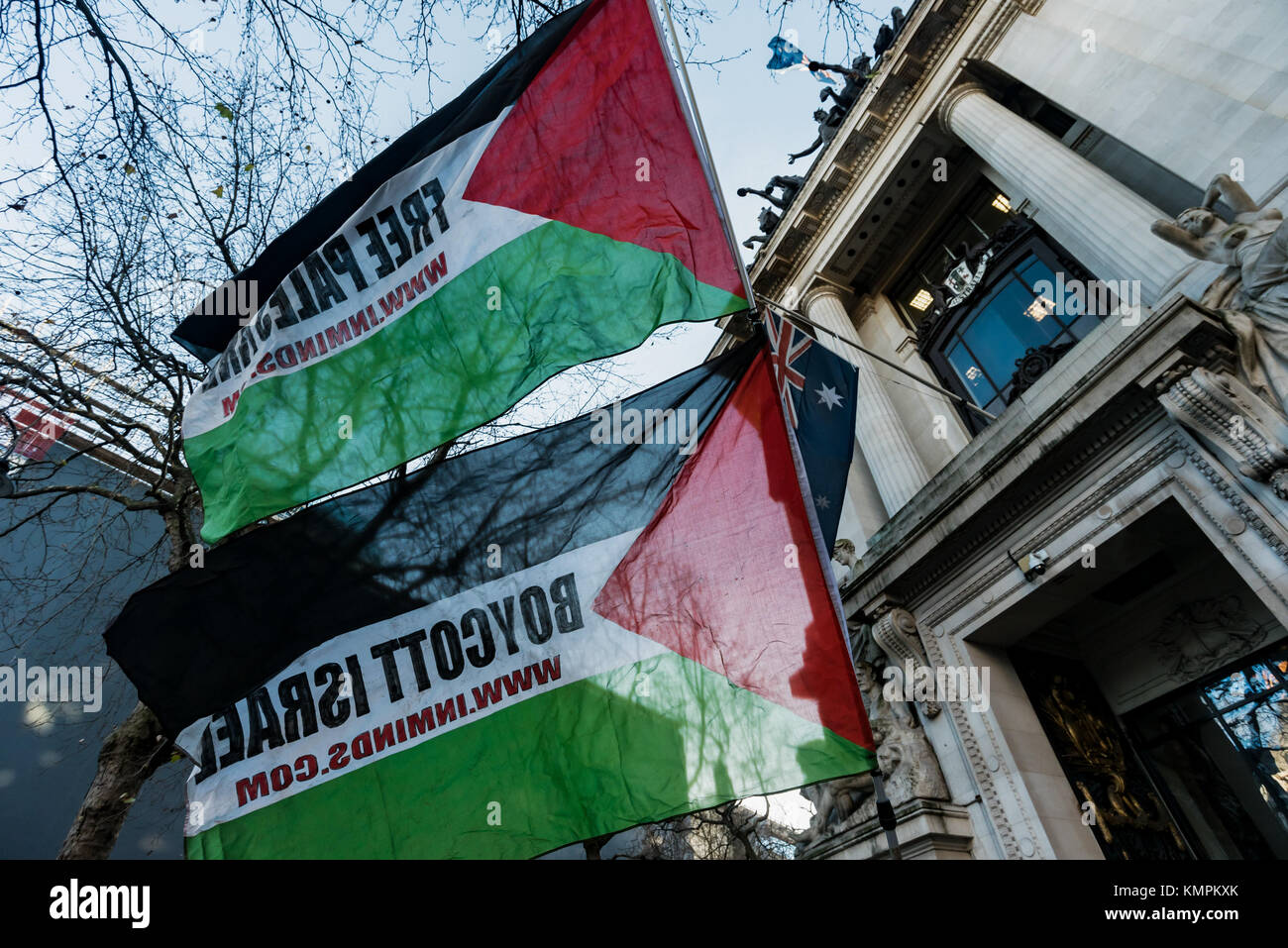 December 8, 2017 - London, UK. 8th December 2017. Inminds human rights group protest outside the Australian High Commission on the eve of the Kimberley Process Plenary Meeting in Brisbane, Australia, chaired by Australia. The vigil was to highlight the failure of the Kimberley Process in preventing the trade in blood diamonds that fund human rights violations around the world, in particular those by Israel in Palestine. Inminds say that the definition of blood diamonds should be widened to include cut and polished diamonds that are funding human rights violations around the world, in line with Stock Photo