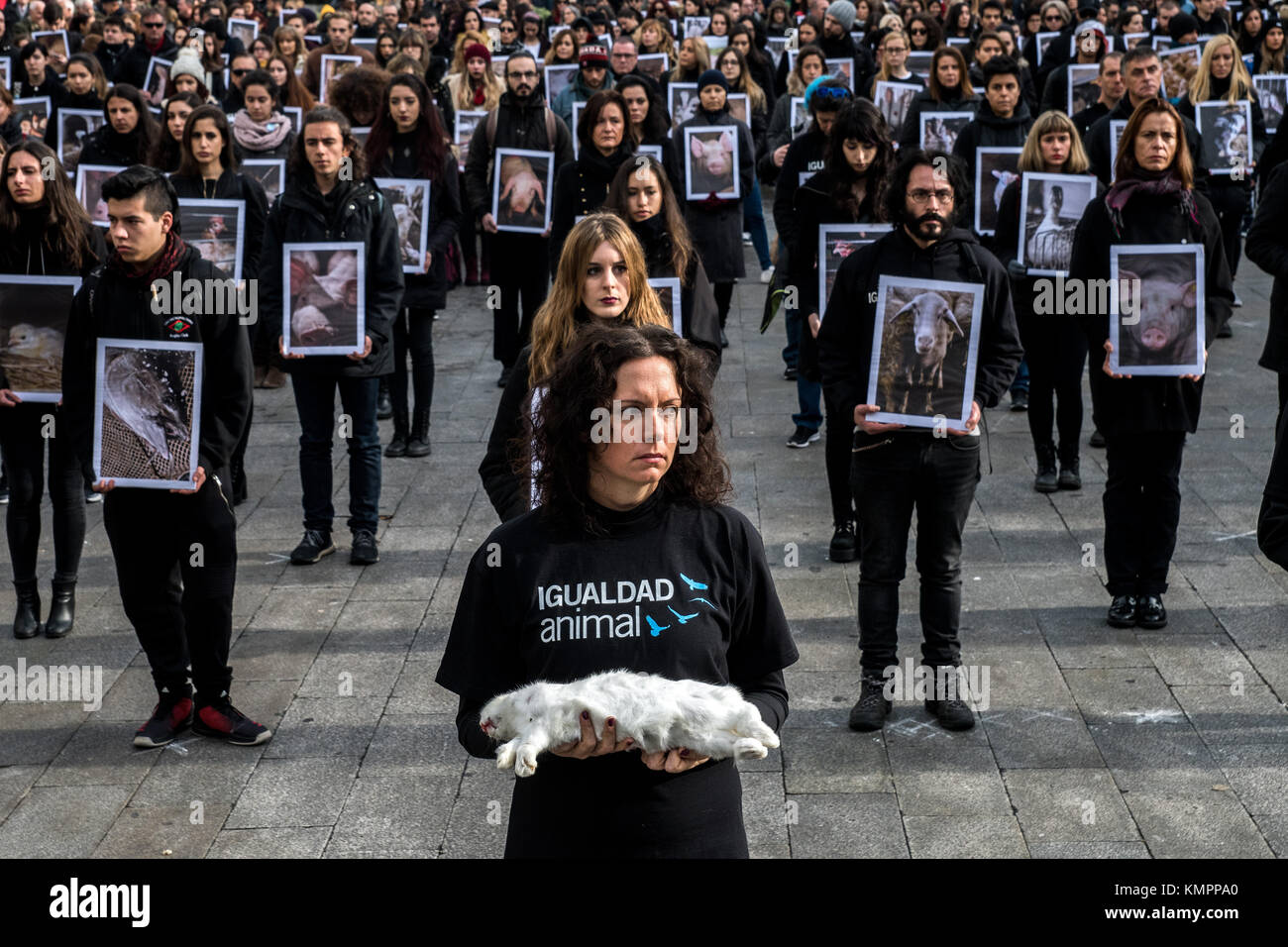 Madrid, Spain. 9th Dec, 2017. Hundreds of activist of pro-animal rights  group 'Igualdad Animal' (Animal Equality) hold dead animals while others  hold pictures of mistreated animals during a protest for the International