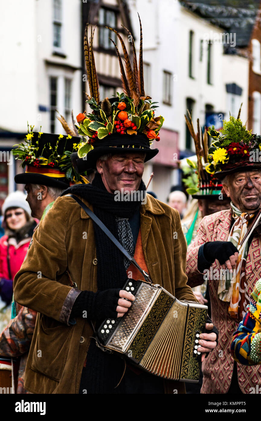 Leominster, UK. 9th December, 2017. Leominster Morris perform a traditional Morris dance in the streets of Leominster during the towns Victorian Christmas Market in Leominster on December 9th 2017. Credit: Jim Wood/Alamy Live News Stock Photo