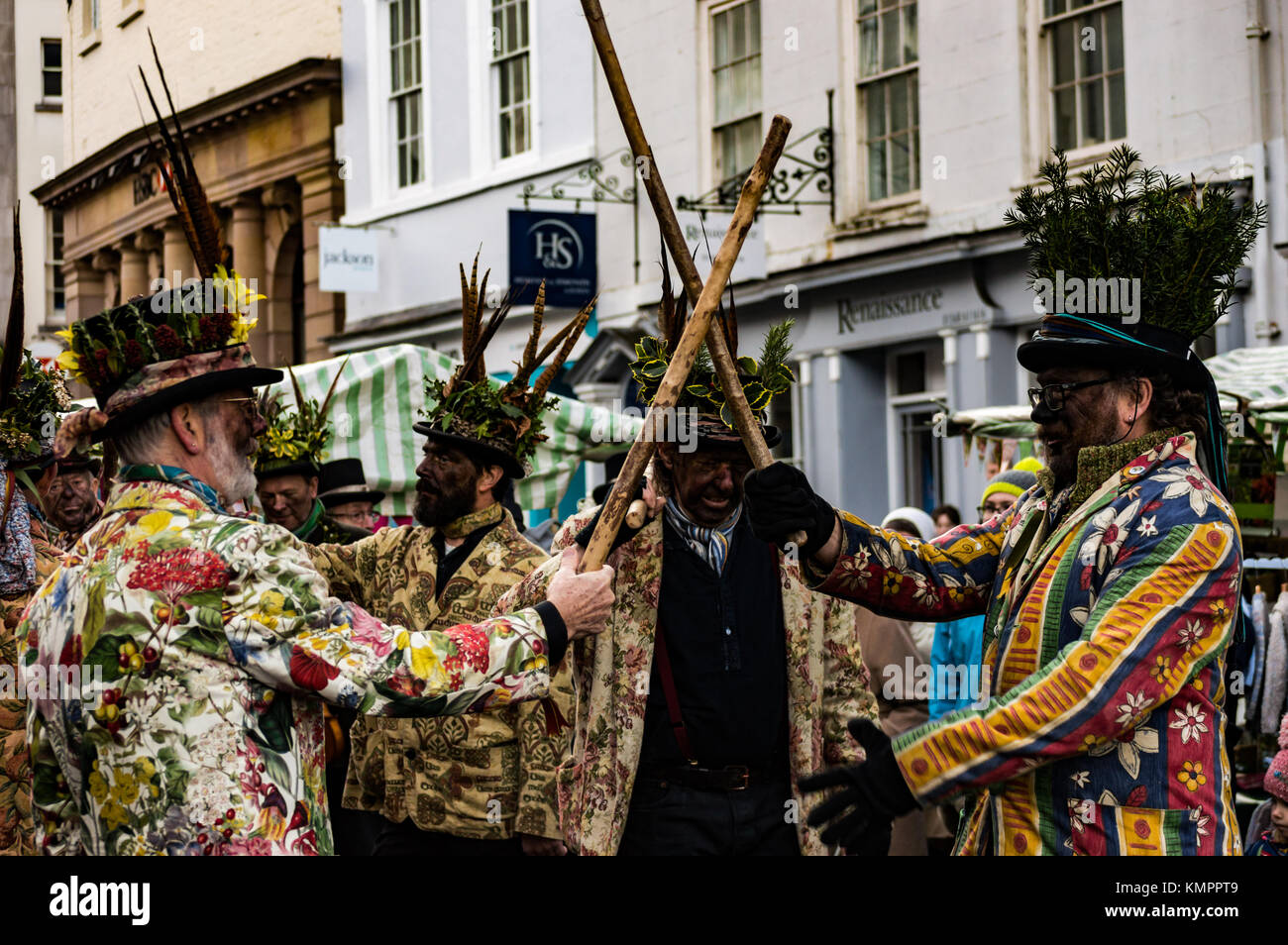 Leominster, UK. 9th December, 2017. Leominster Morris perform a traditional Morris dance in the streets of Leominster during the towns Victorian Christmas Market in Leominster on December 9th 2017. Credit: Jim Wood/Alamy Live News Stock Photo