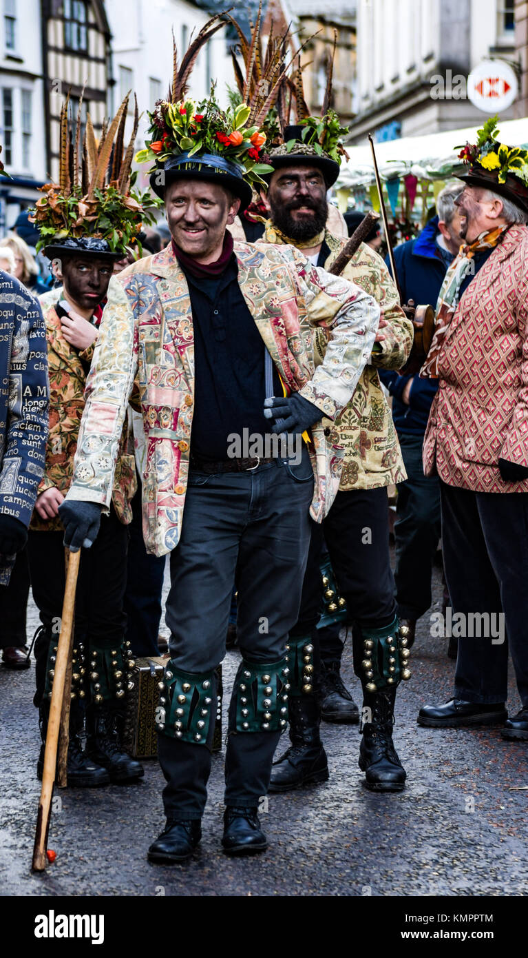 Leominster, UK. 9th December, 2017. Leominster Morris perform a traditional Morris dance in the streets of Leominster during the towns Victorian Christmas Market in Leominster on December 9th 2017. Credit: Jim Wood/Alamy Live News Stock Photo