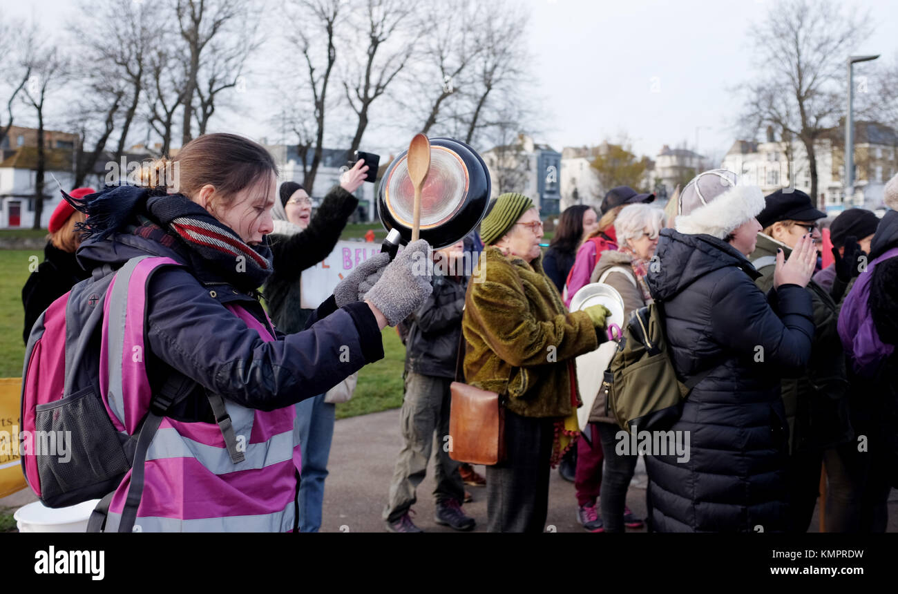 Brighton, UK. 9th December, 2017. Over 100 took part in the Drum Out Abuse march through Brighton today highlighting domestic violence against women . Those taking part were encouraged to make as much noise as possible with pots and pans or drums to signify that thier cause would be heard Photograph taken by Simon Dack/Alamy Live News Stock Photo
