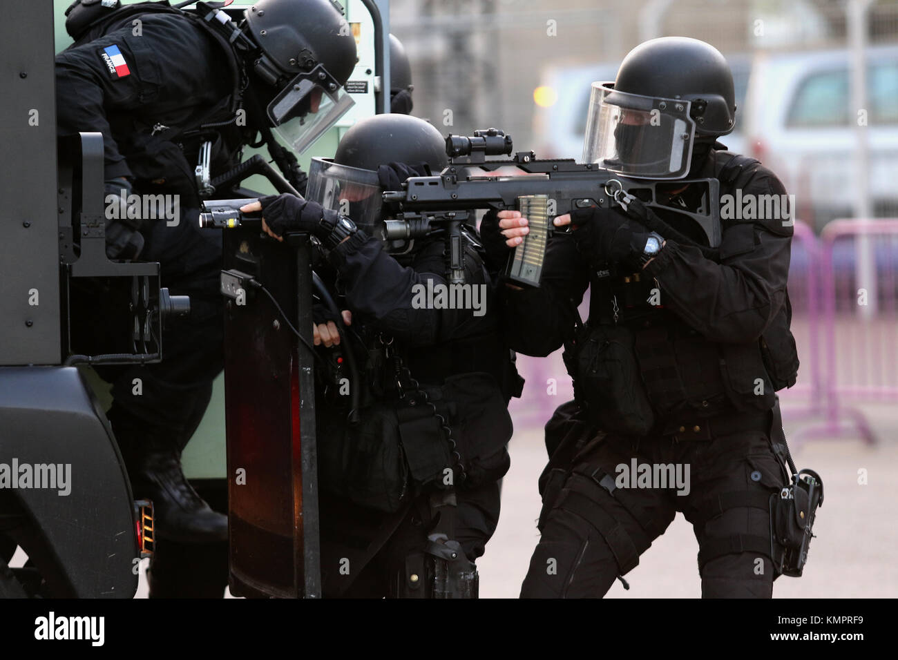 Toulouse April14th 2016 .  Simulation exercice of terrorist attack at the Toulouse football stadium as part of the Euro 2016 by the RAID, French national police intervention group. Credit: Sebastien Lapeyrere/Alamy Live News. Stock Photo
