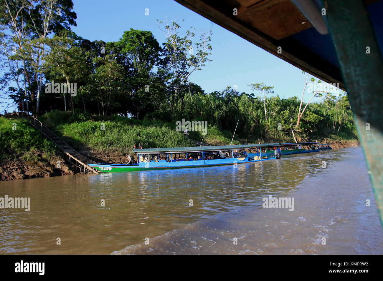 Puerto Maldonado ( Peru) November, 25 th 2015;Tambopata River in the Peruvian Amazon. Boat sailing on the river Credit: Sebastien Lapeyrere/Alamy Live News. Stock Photo