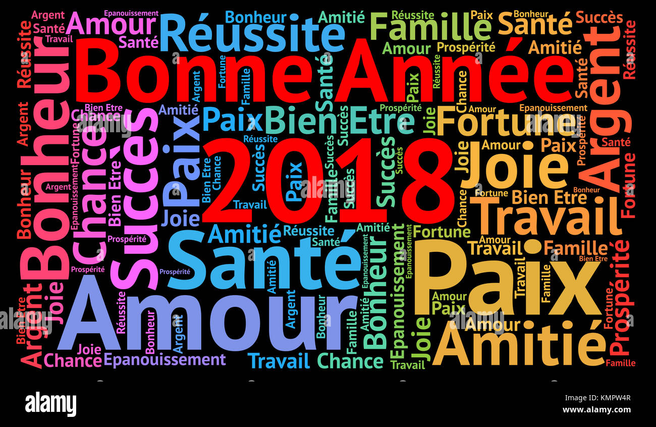 Happy New Year 2018 word cloud in French Stock Photo - Alamy