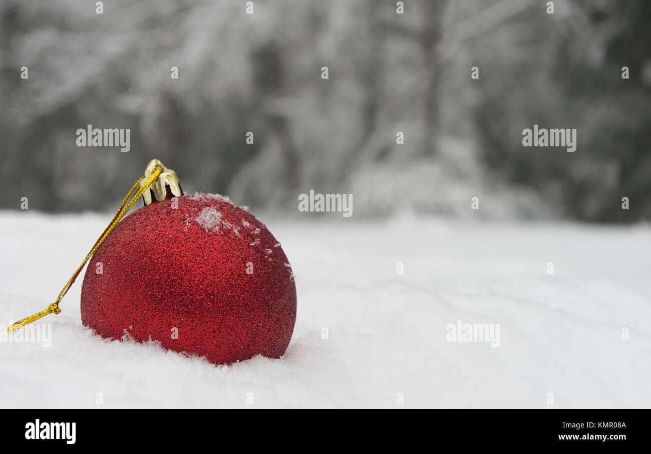 Red Ball Christmas Ornament in snow against a snowy forest background Stock Photo