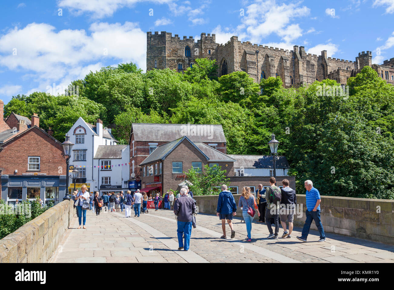 Durham UK Durham england pedestrians on silver street over Framwellgate Bridge over river wear Durham city county durham northumberland england UK GB Stock Photo