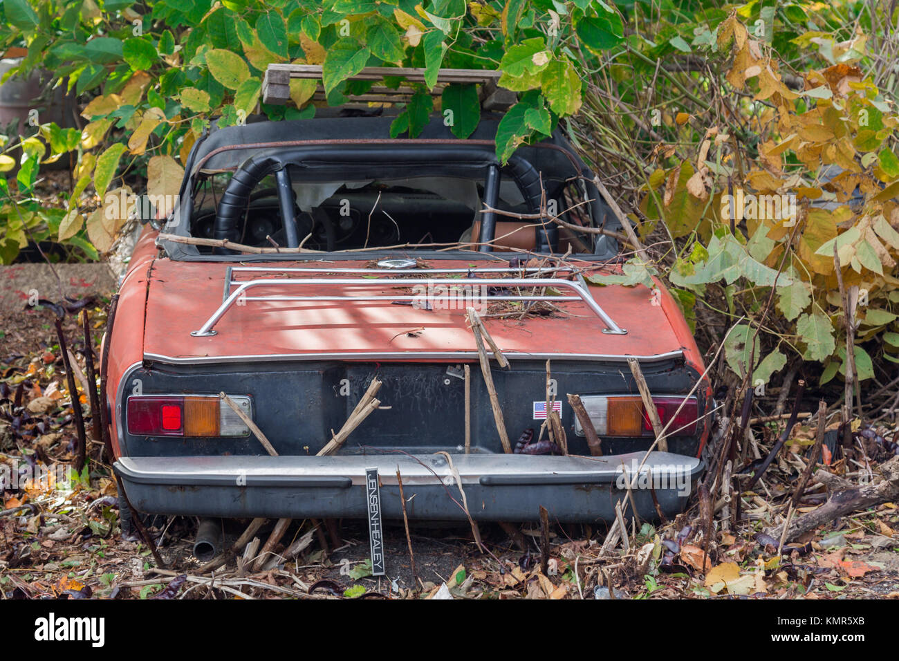 old jensen healy left as junk in watermill, ny Stock Photo