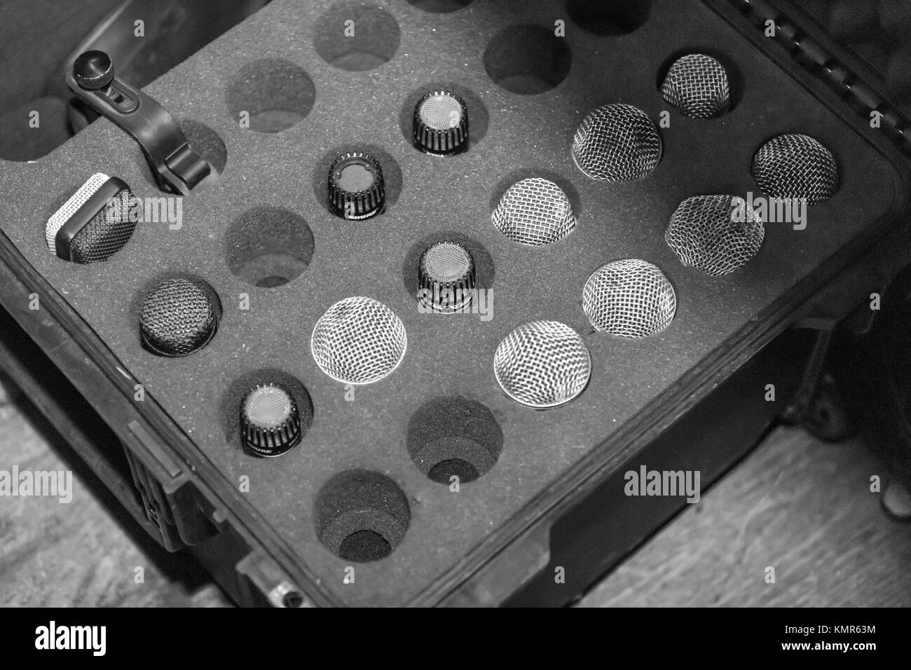 box filled with various microphones at a music venue in amagansett, ny Stock Photo
