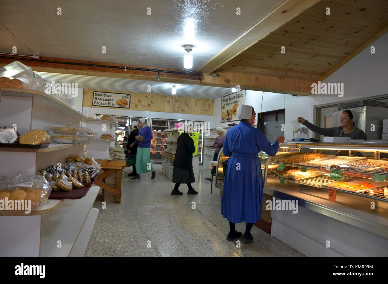 Amish women shopping inside Hershberger's Farm & Bakery near
