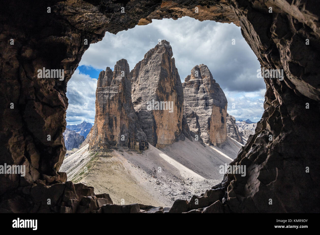 The Tre Cime di Lavaredo mountain peaks in the Three Peaks Nature Park. View from a war gallery of Monte Paterno. The Dolomites. Italian Alps. Europe. Stock Photo