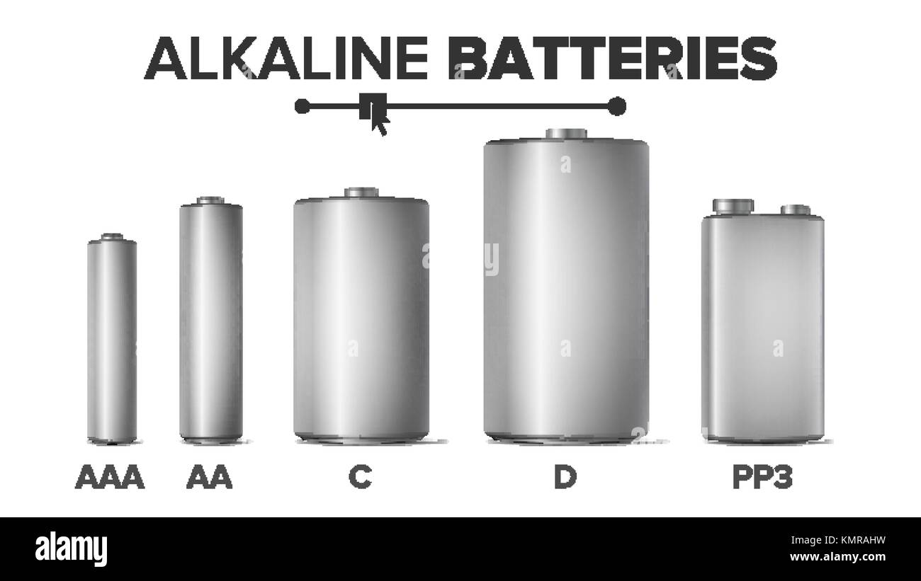 Alkaline Batteries Mock Up Set Vector. Different Types AAA, AA, C, D, PP3, 9 Volt. Standard Modern Realistic Battery. Metal Clean Empty Template Good For Branding Design. Isolated Illustration Stock Vector