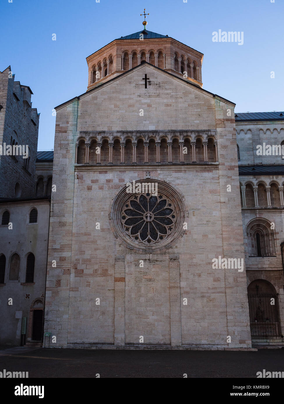 Trento Cathedral. Detail of the rosette said wheel of fortune for the represented iconographic motif. Stock Photo