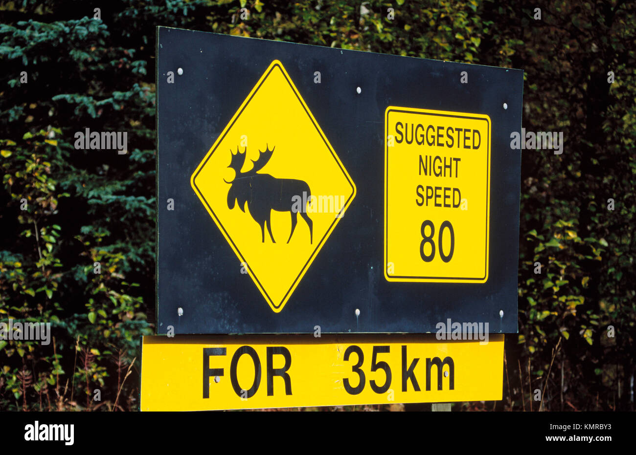 Traffic signs on highway at Mount Robson Provincial Park. British
