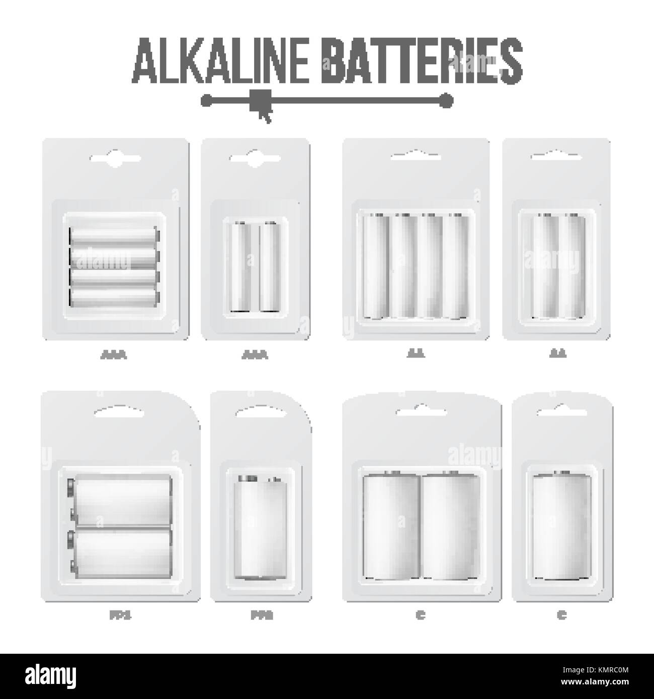 Batteries Packed Set Vector. Different Types AAA, AA, C, D, PP3, 9 Volt