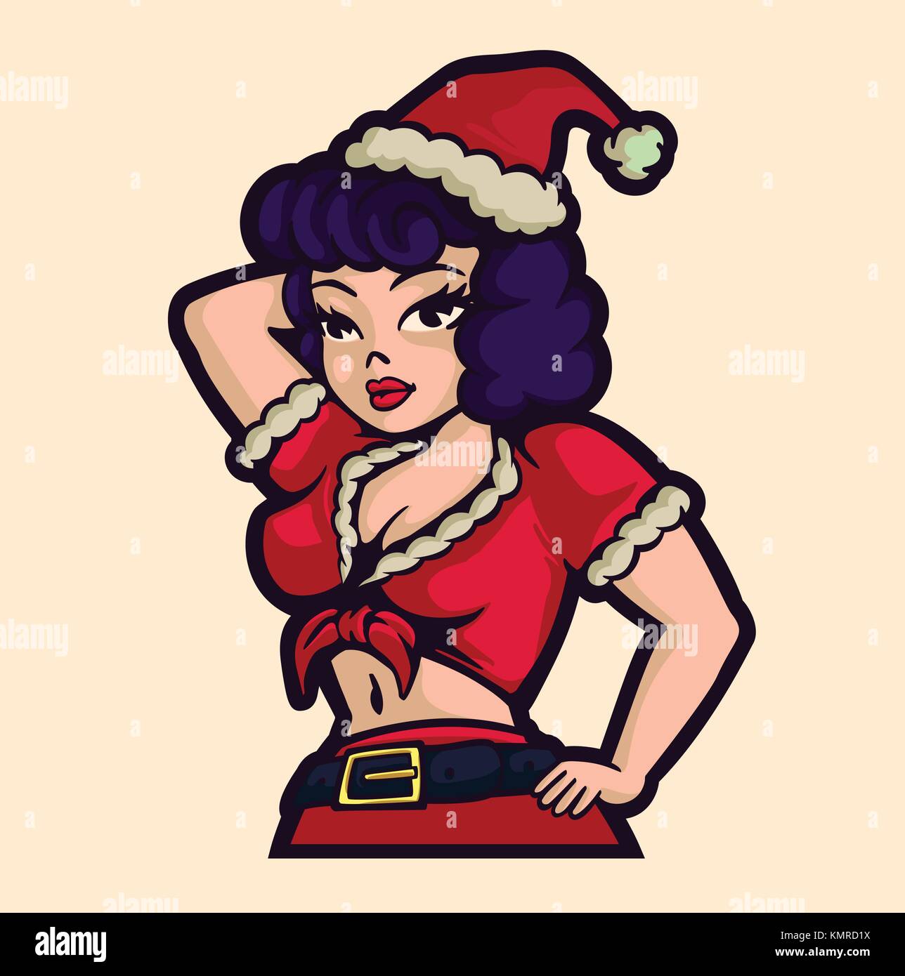 Vintage christmas pin-up woman posing with santa claus costume dress cartoon vector xmas illustration Stock Vector