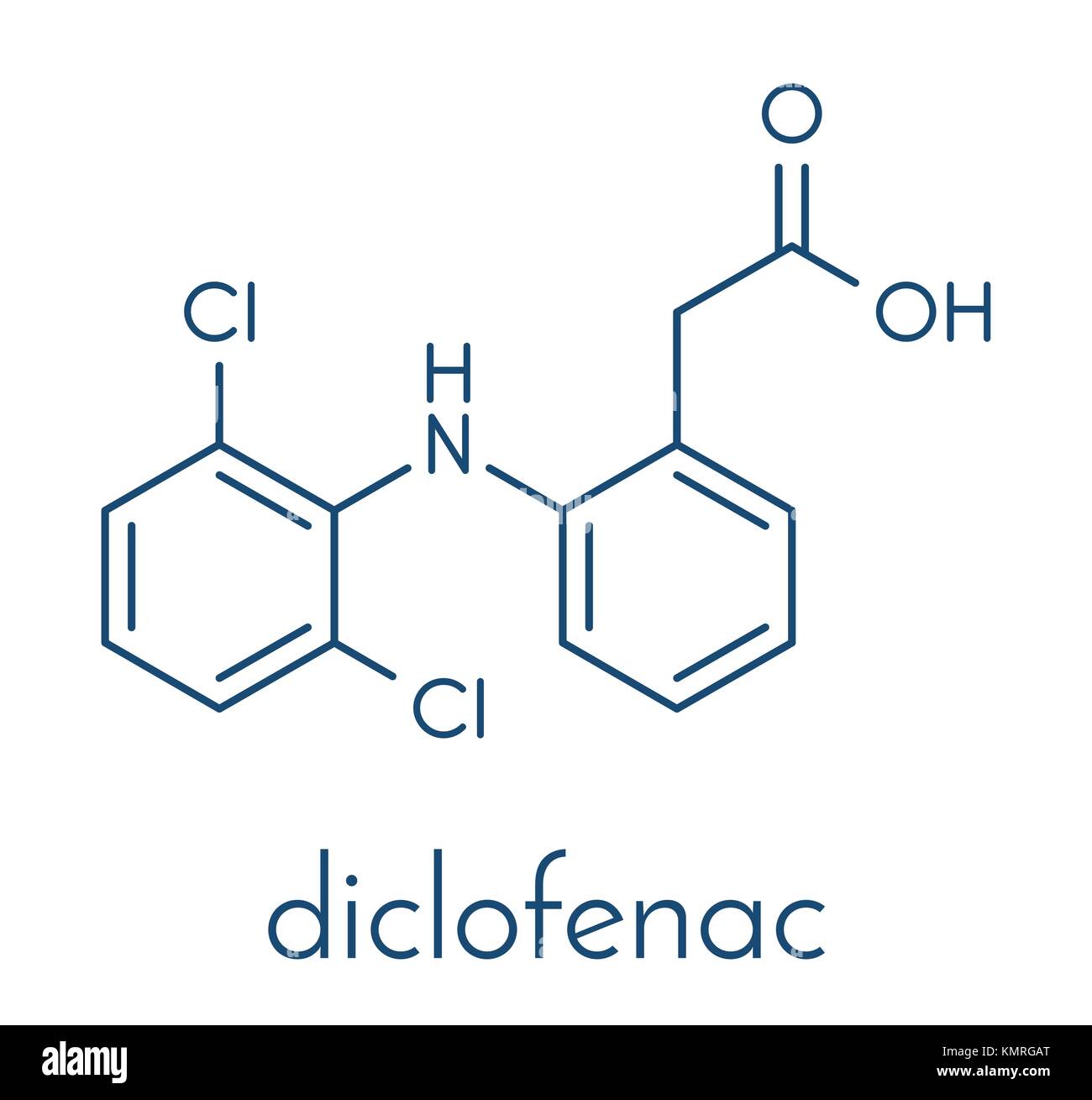 Diclofenac pain and inflammation drug (NSAID) molecule. Skeletal formula. Stock Vector
