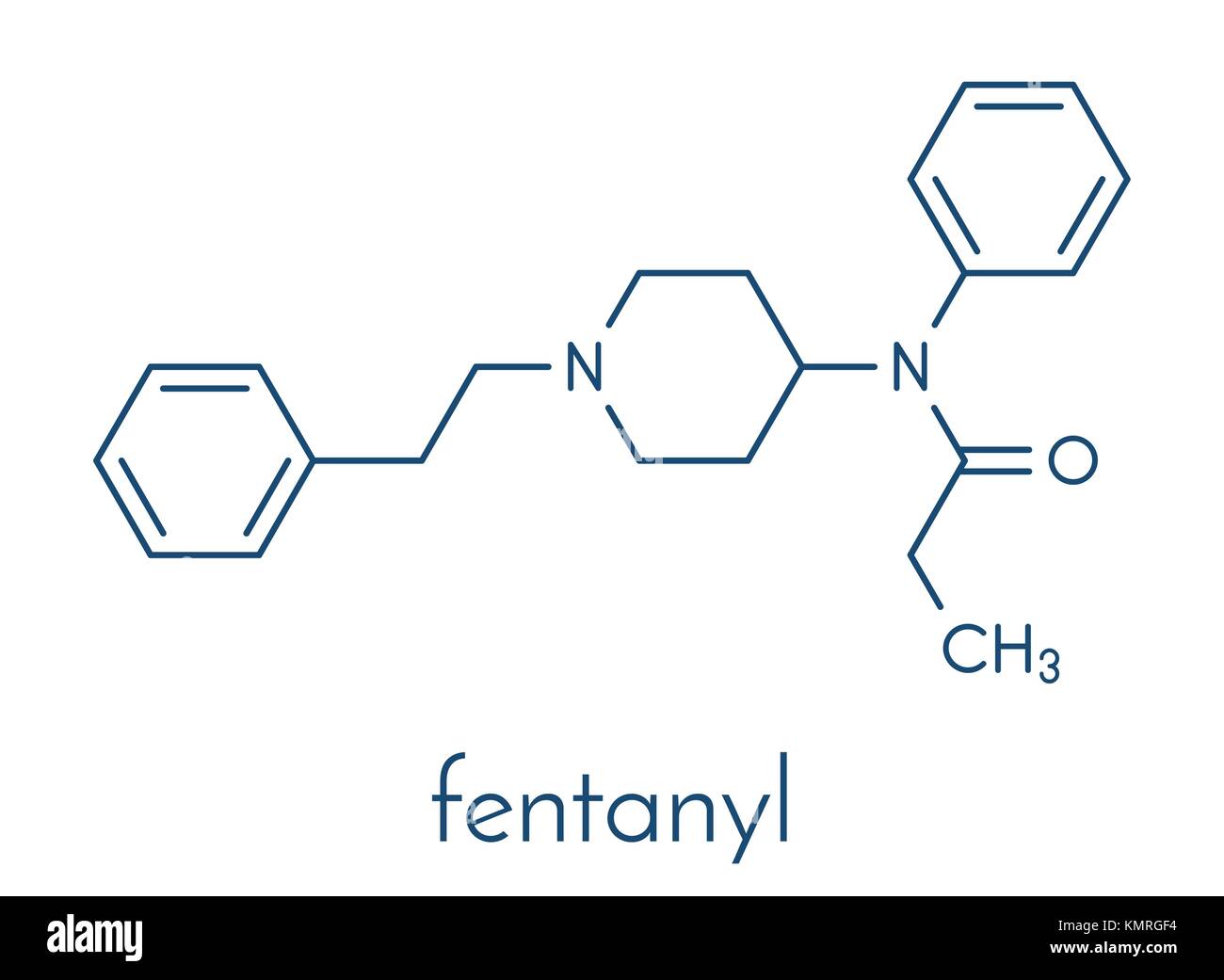 Fentanyl (fentanil) opioid analgesic drug, chemical structure. Conventional  skeletal formula and stylized representation, showing atoms (except  hydrogen) as color coded circles.