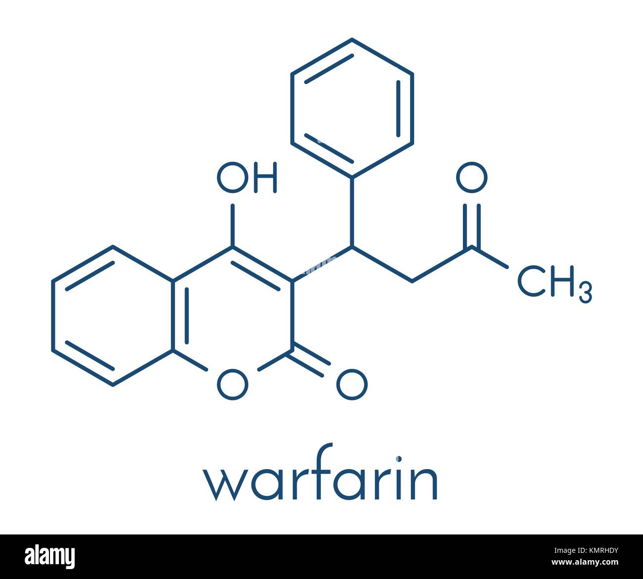 Warfarin anticoagulant drug molecule. Used in thrombosis and thromboembolism prevention. Skeletal formula. Stock Vector
