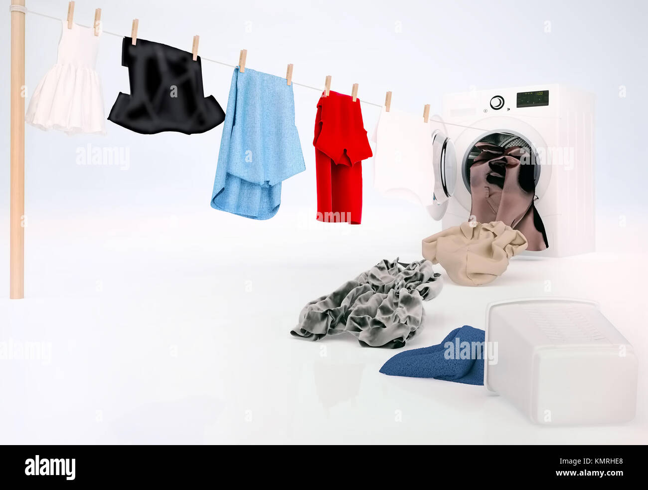 Clean clothing hanging on a rope coming out of the washing machine