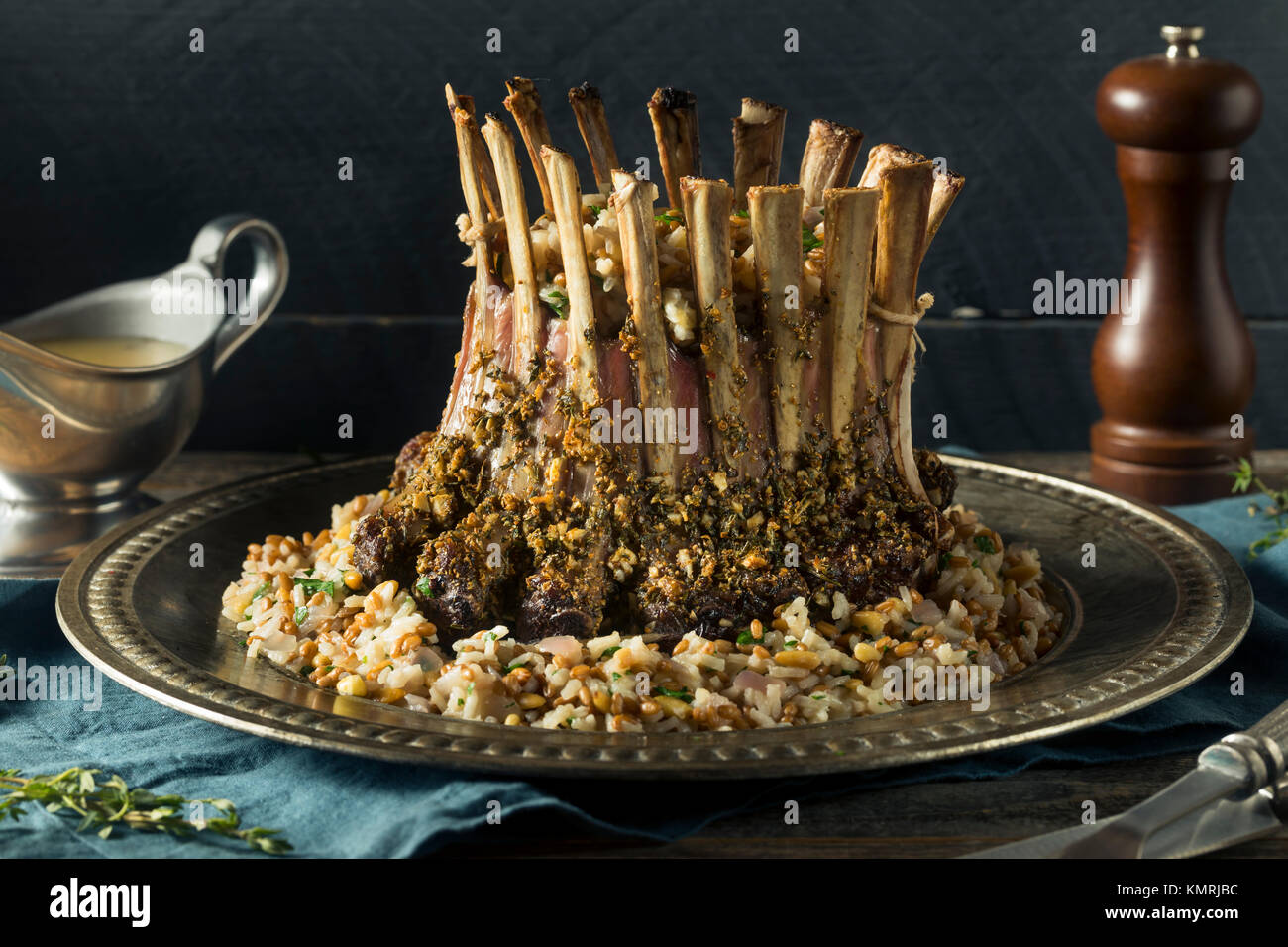 Homemade Gourmet Crown of Lamb with Rice Pilaf Stock Photo