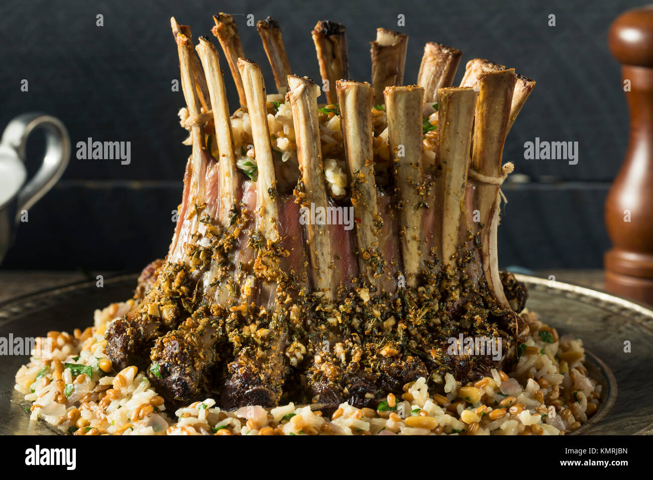 Homemade Gourmet Crown of Lamb with Rice Pilaf Stock Photo