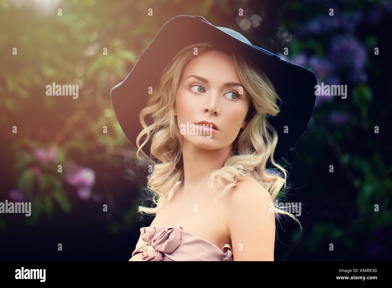 Romantic Fashion Model in Hat Outdoors Stock Photo - Alamy