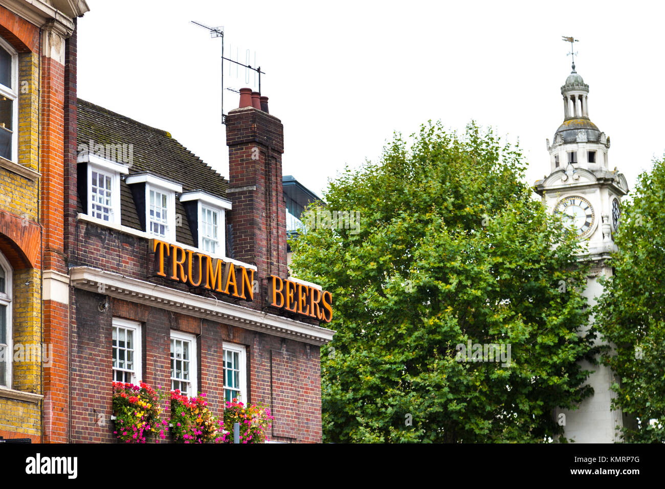 Exterior of The Bancroft Arms pub with 'Truman Beers' written on the facade, London, UK Stock Photo