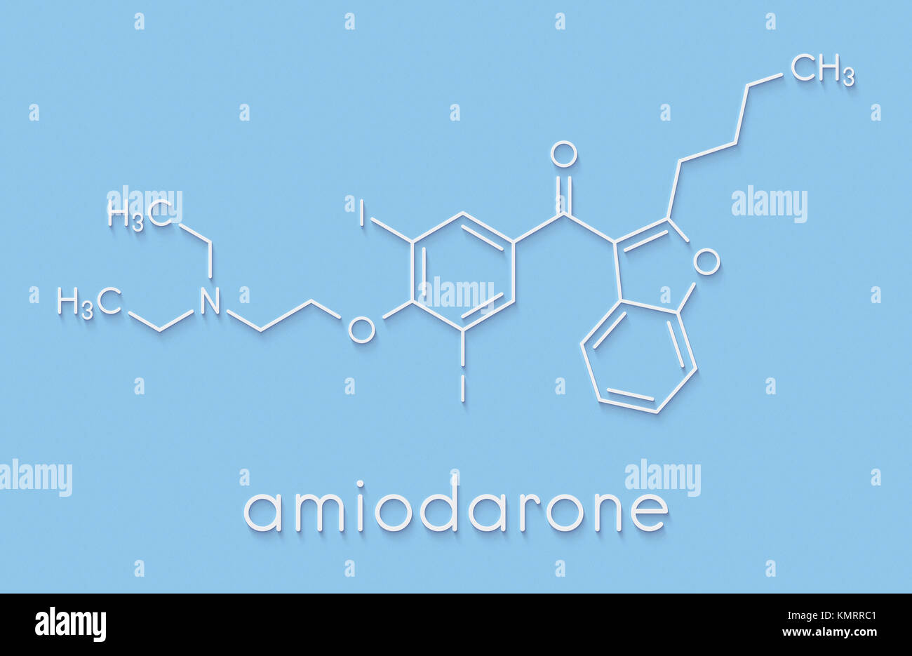 Amiodarone antiarrhythmic drug molecule. Skeletal formula. Stock Photo