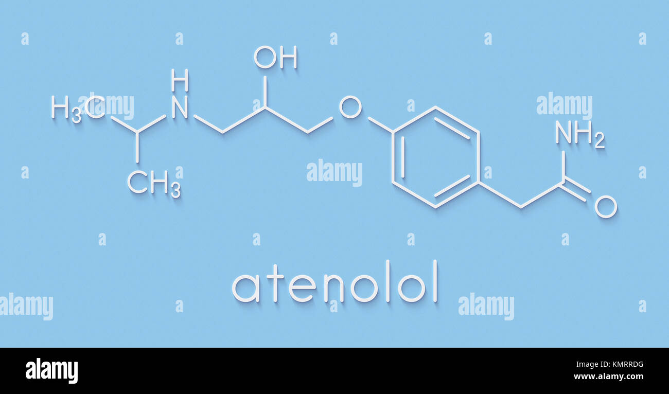 Atenolol hypertension or high blood pressure drug (beta blocker) molecule. Skeletal formula. Stock Photo
