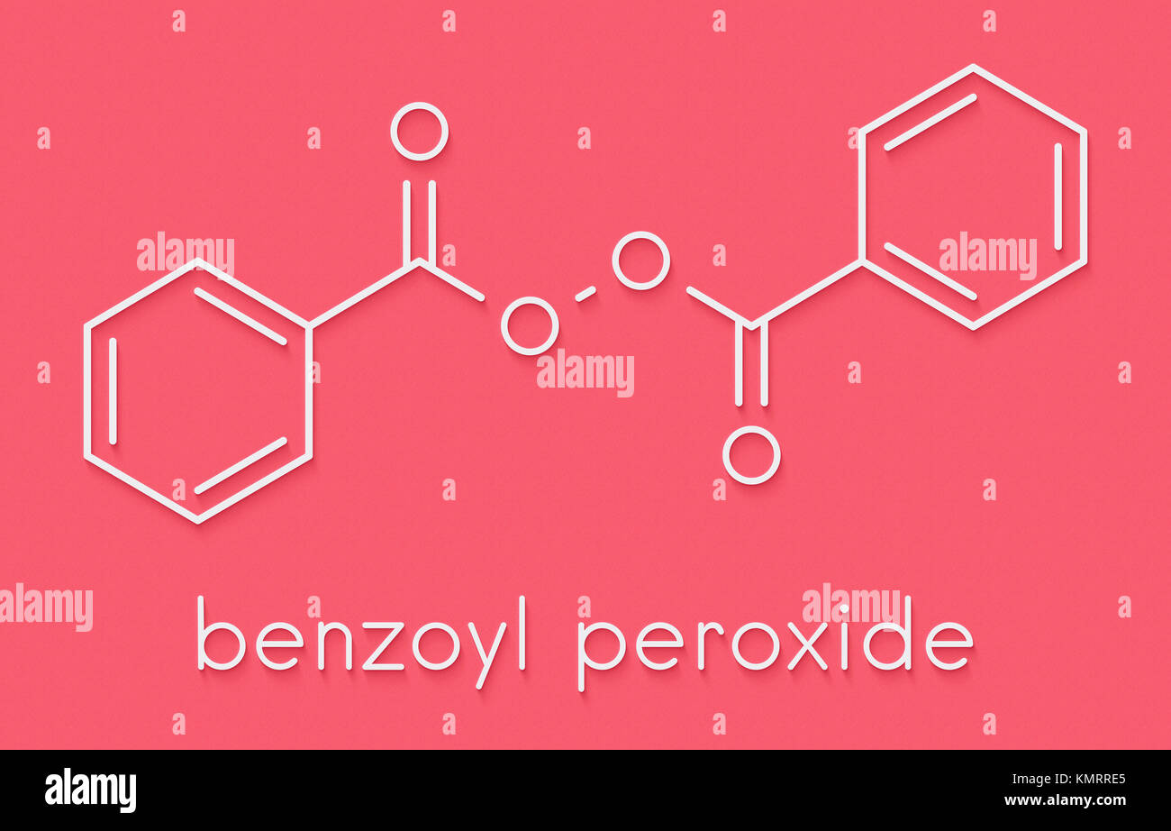 Benzoyl peroxide acne treatment drug molecule. Also used to dye hair and whiten teeth (bleaching). Skeletal formula. Stock Photo