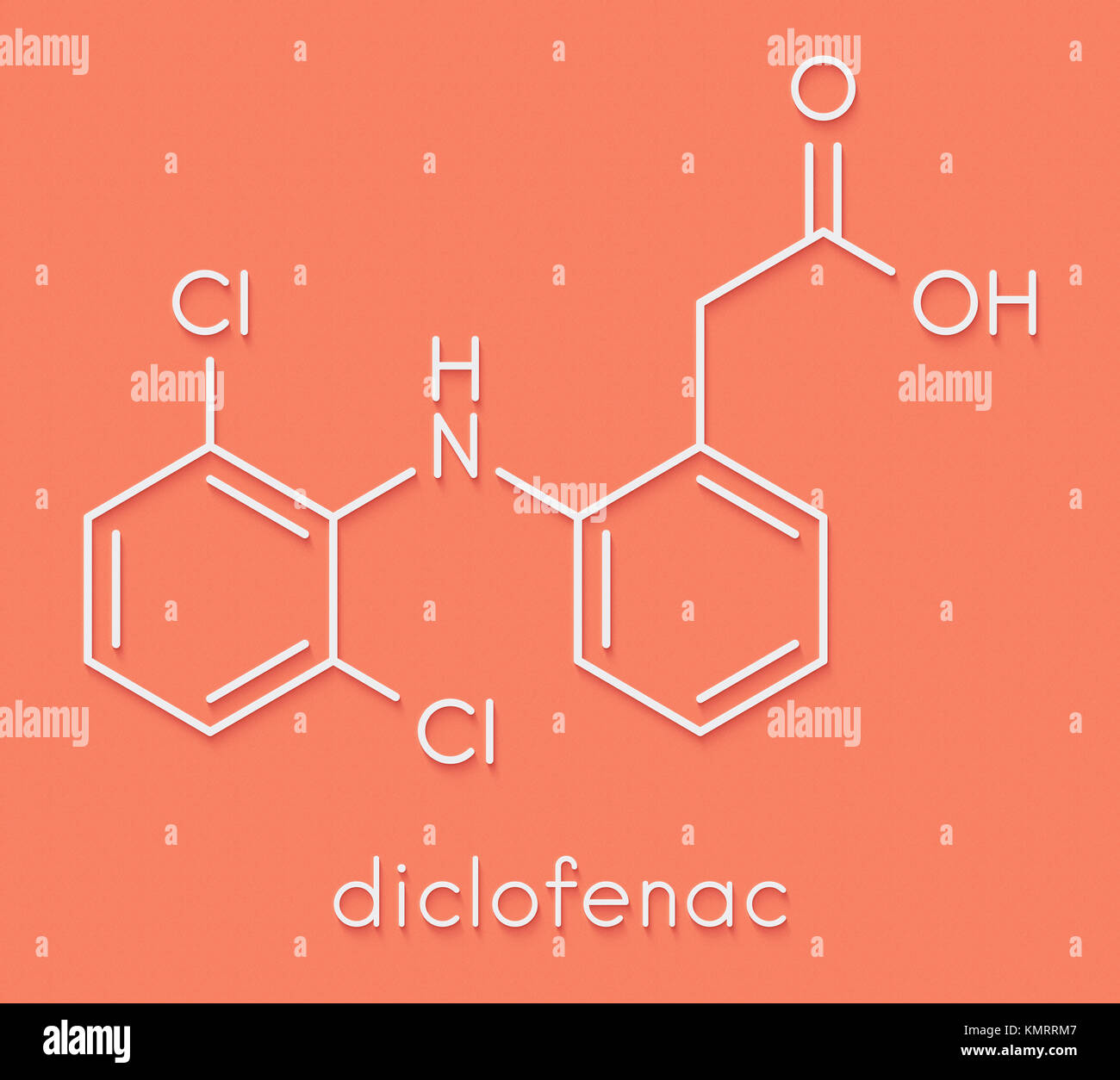 Diclofenac pain and inflammation drug (NSAID) molecule. Skeletal formula. Stock Photo