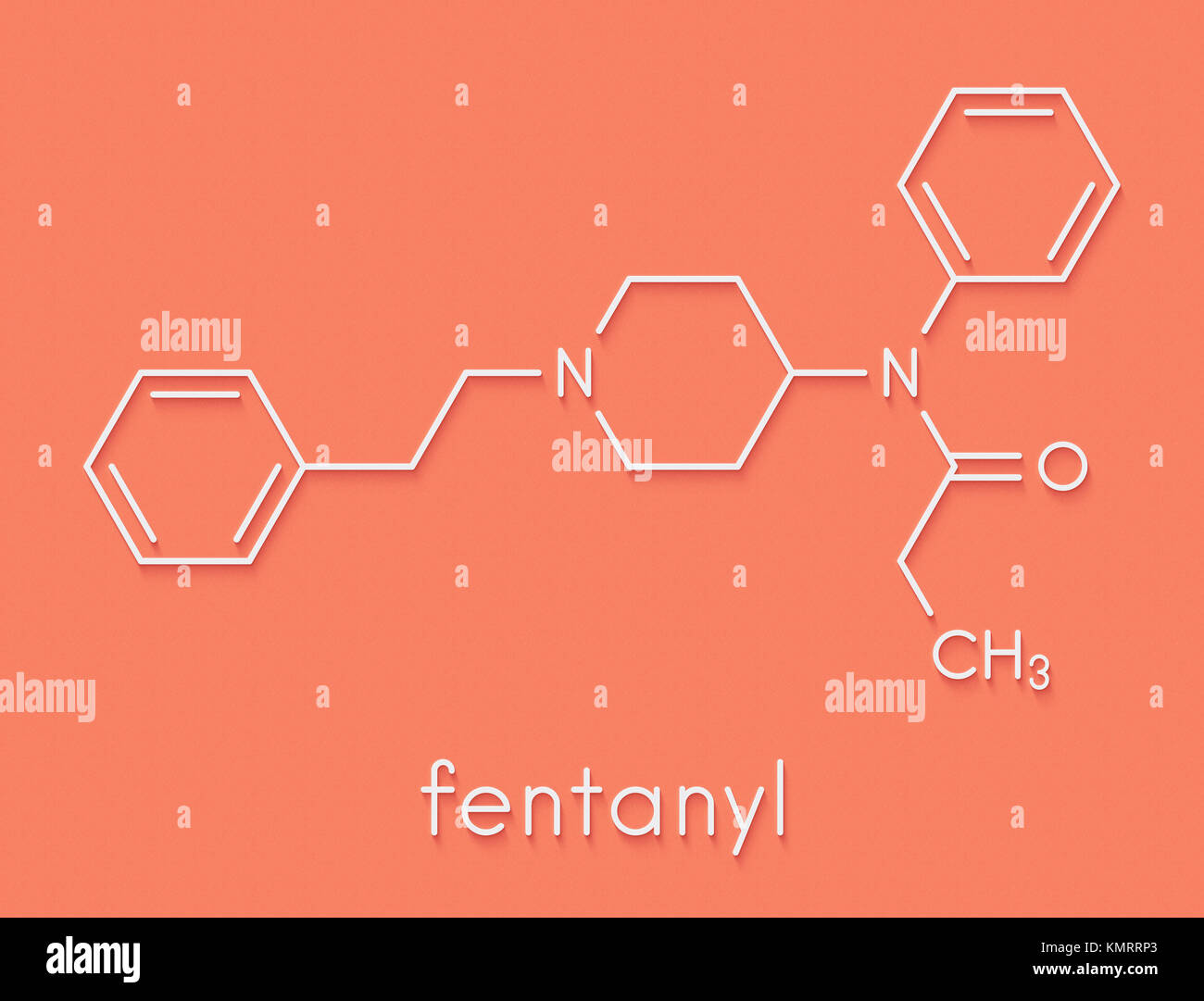 Fentanyl (fentanil) opioid analgesic drug, chemical structure. Conventional  skeletal formula and stylized representation, showing atoms (except  hydrogen) as color coded circles.