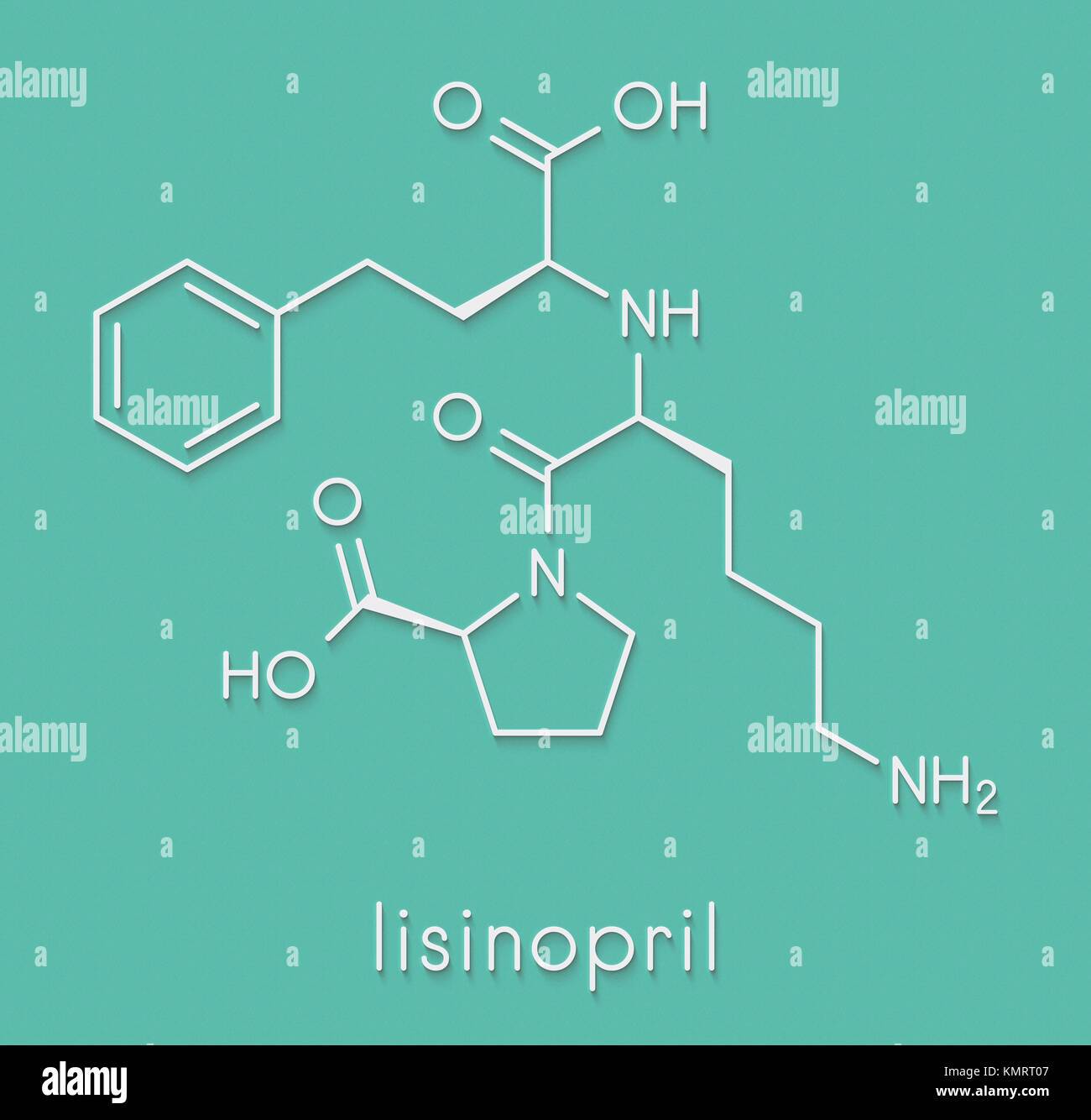 Lisinopril hypertension or high blood pressure drug (ACE inhibitor) molecule. Skeletal formula. Stock Photo