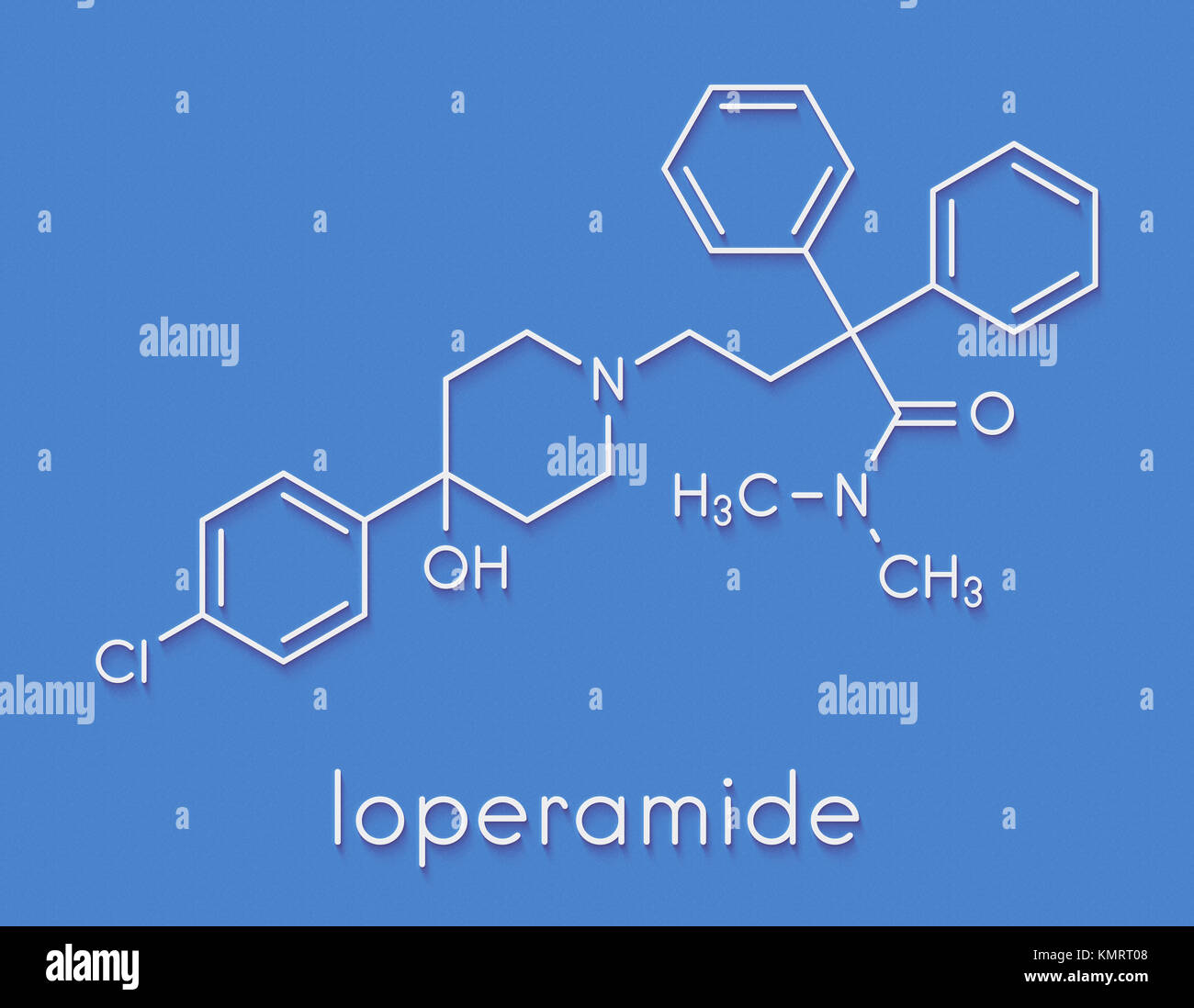 Loperamide diarrhea drug molecule. Skeletal formula. Stock Photo