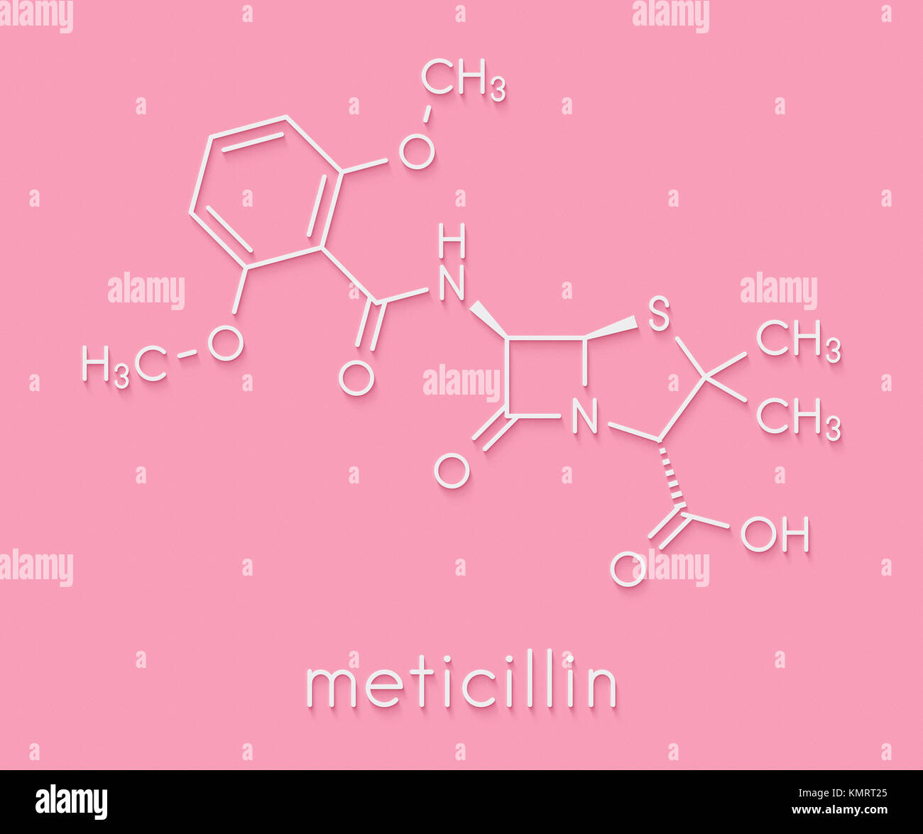 Meticillin antibiotic drug (beta-lactam class) molecule. MRSA stands for Methicillin-resistant staphylococcus aureus. Skeletal formula. Stock Photo